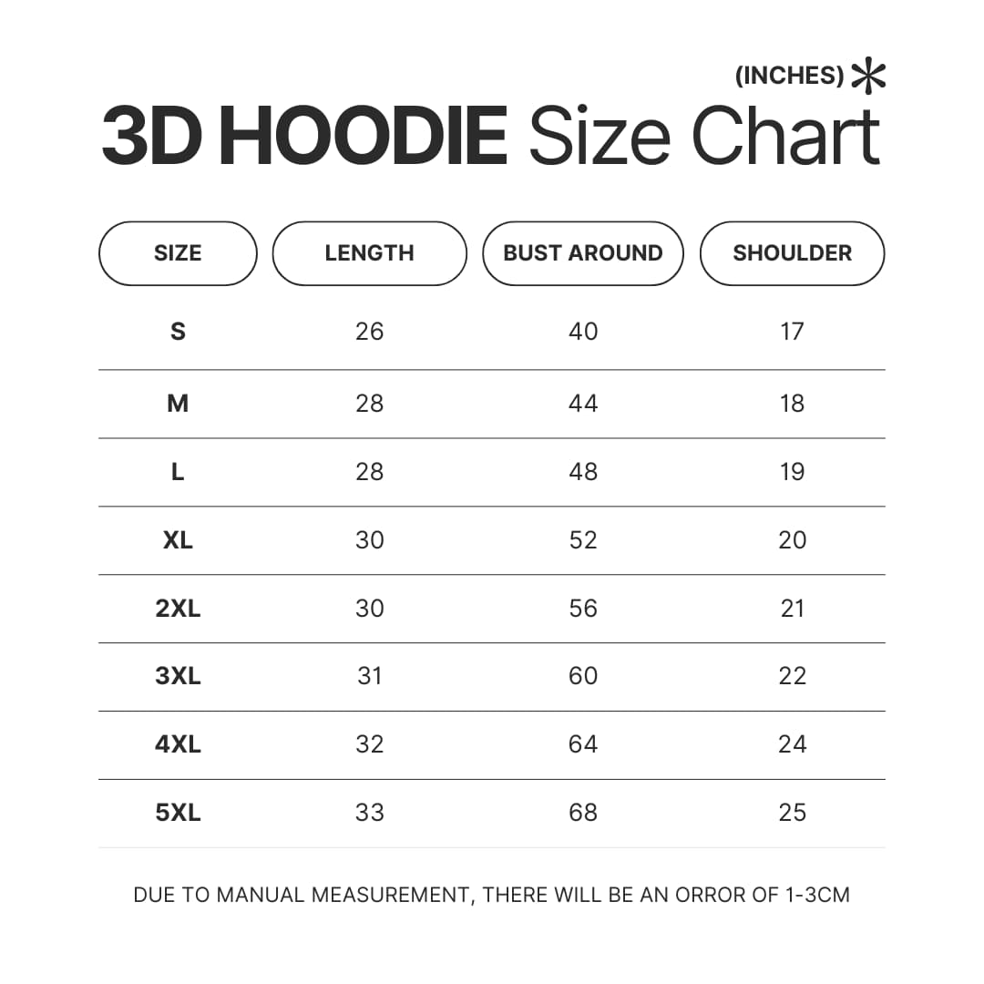 3D Hoodie Size Chart - Link Click Merch